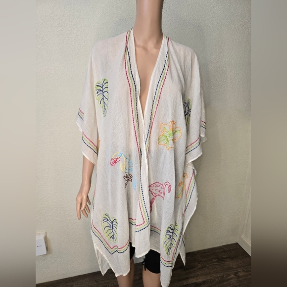 Soft Surroundings Tropical Topper Kimono Embroidered Bird Ivory One Size Swim - Picture 1 of 13